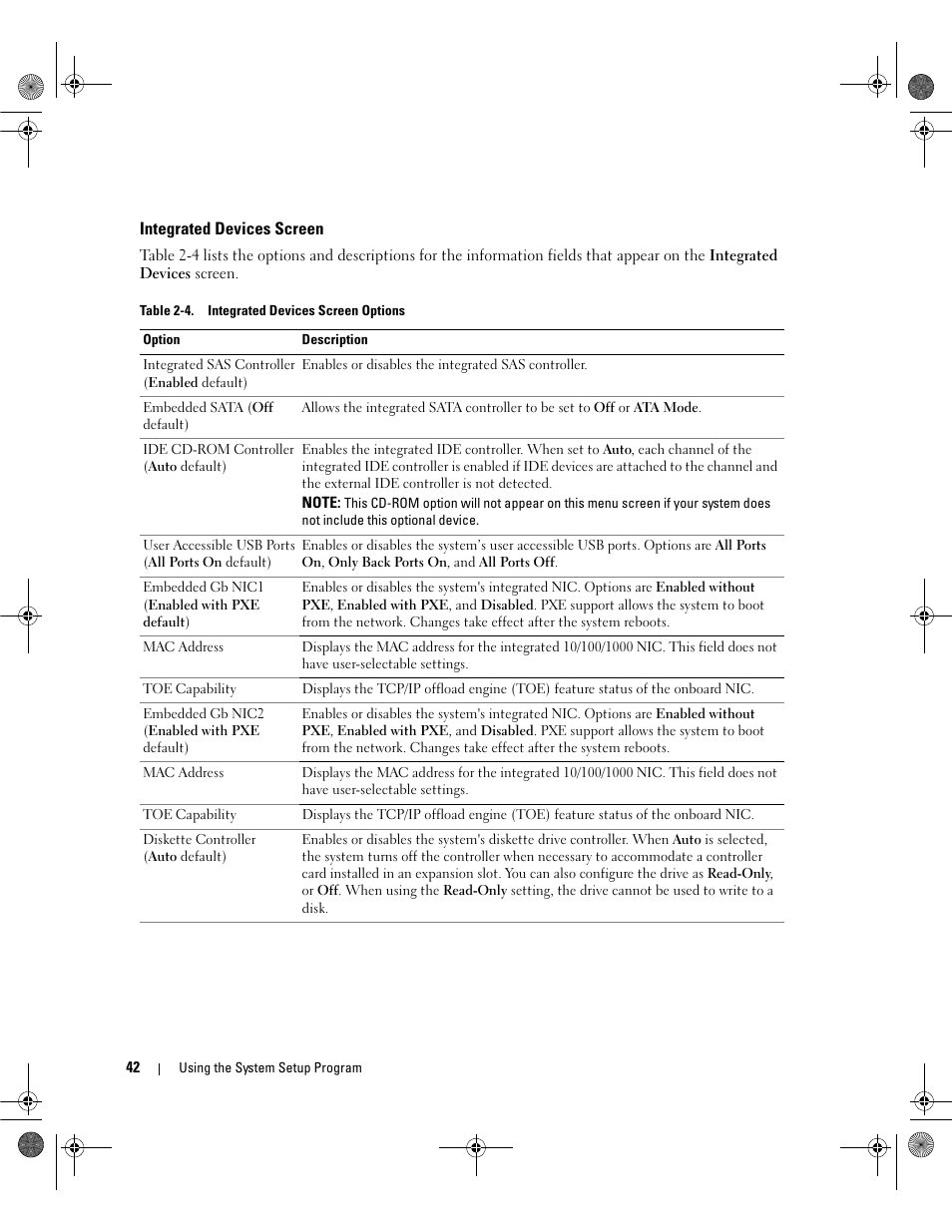 Integrated devices screen, Ee table 2-4 | Dell POWEREDGE 2950 User Manual | Page 42 / 182