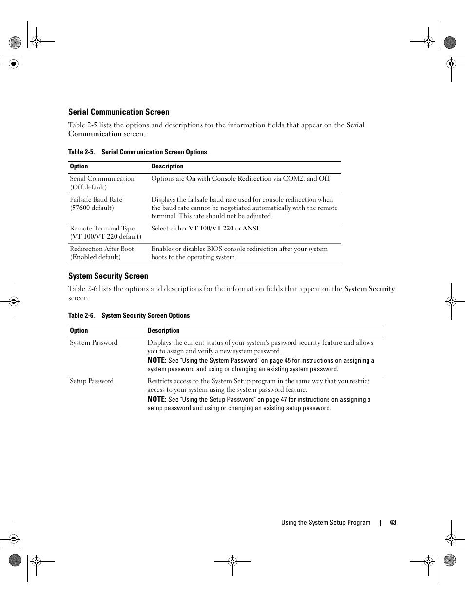 Serial communication screen, System security screen, See table 2-6. f | Dell POWEREDGE 2950 User Manual | Page 43 / 182