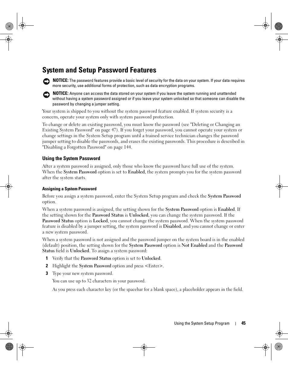 System and setup password features, Using the system password | Dell POWEREDGE 2950 User Manual | Page 45 / 182