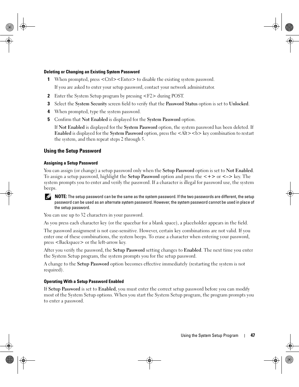 Using the setup password | Dell POWEREDGE 2950 User Manual | Page 47 / 182