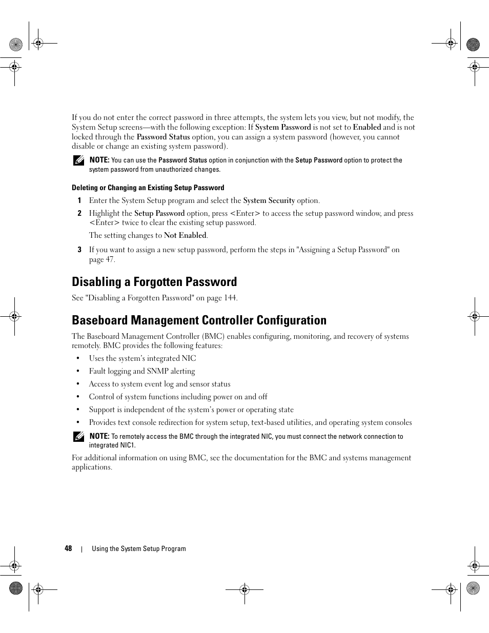 Disabling a forgotten password, Baseboard management controller configuration | Dell POWEREDGE 2950 User Manual | Page 48 / 182
