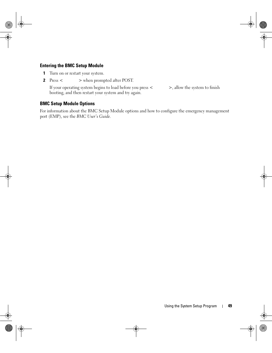 Entering the bmc setup module, Bmc setup module options | Dell POWEREDGE 2950 User Manual | Page 49 / 182