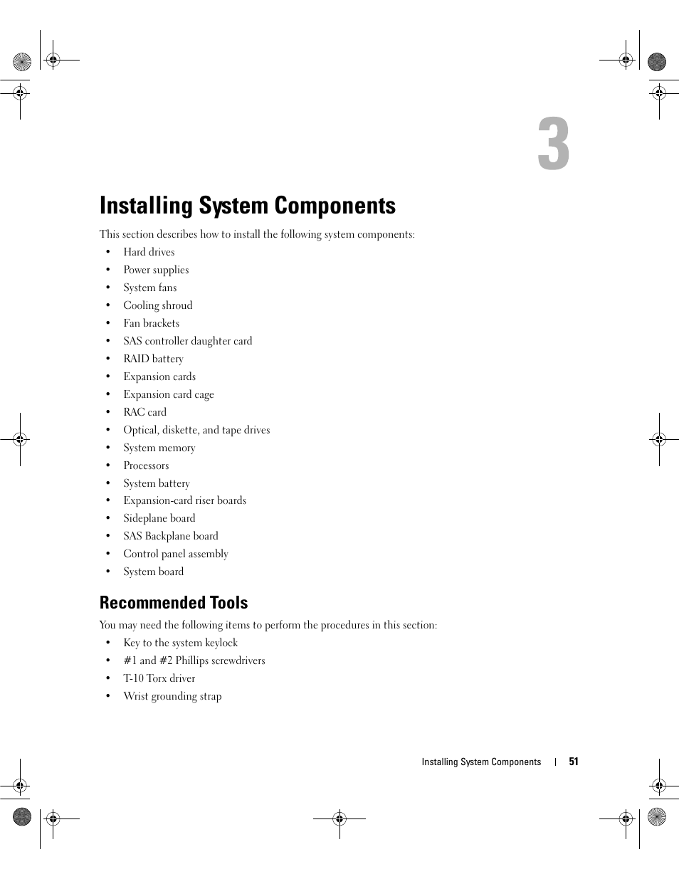 Installing system components, Recommended tools | Dell POWEREDGE 2950 User Manual | Page 51 / 182