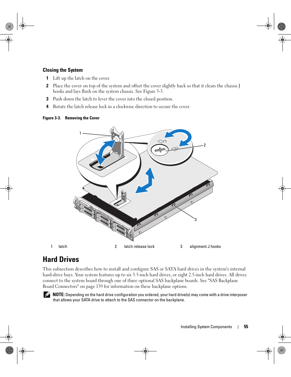 Closing the system, Hard drives | Dell POWEREDGE 2950 User Manual | Page 55 / 182