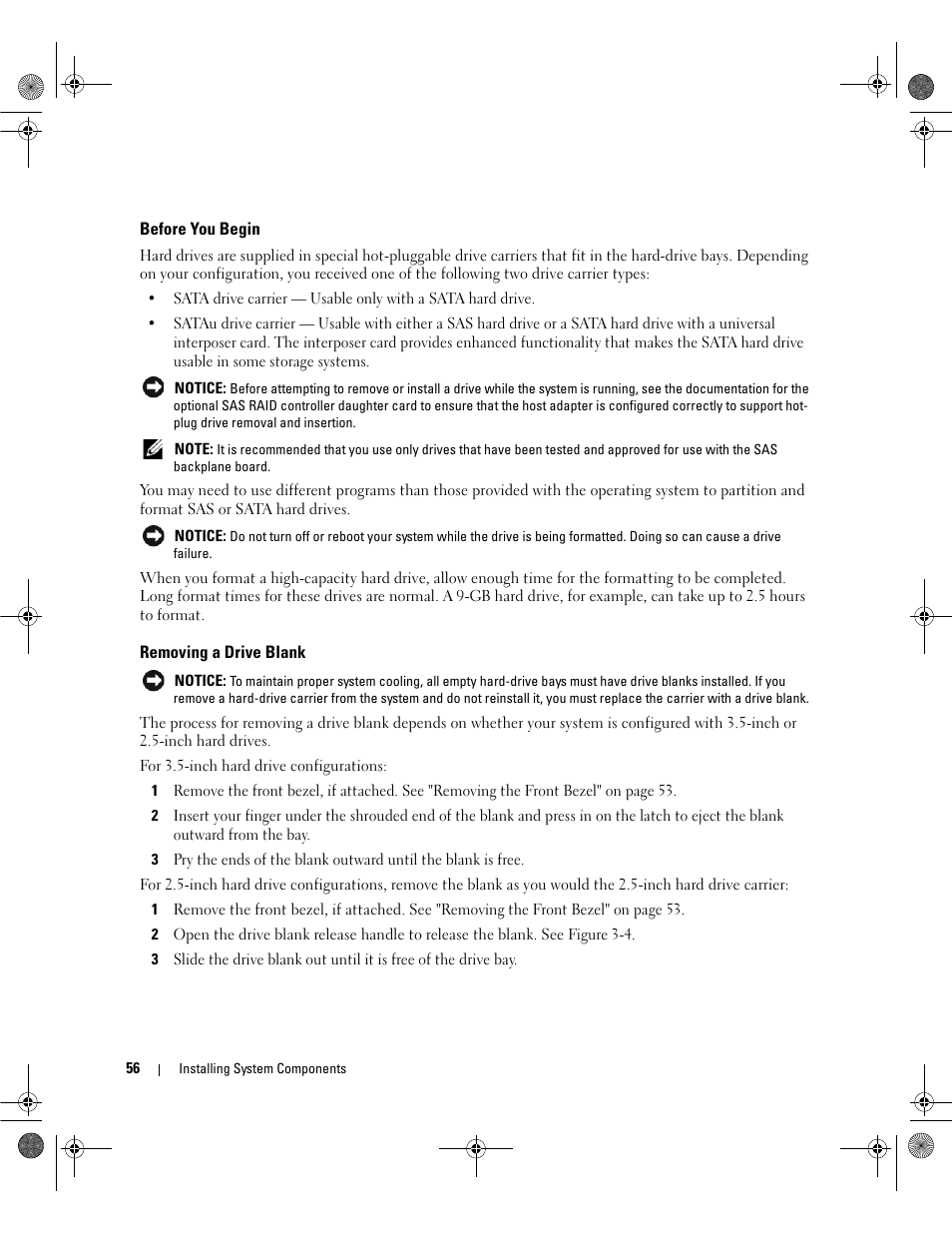 Before you begin, Removing a drive blank | Dell POWEREDGE 2950 User Manual | Page 56 / 182