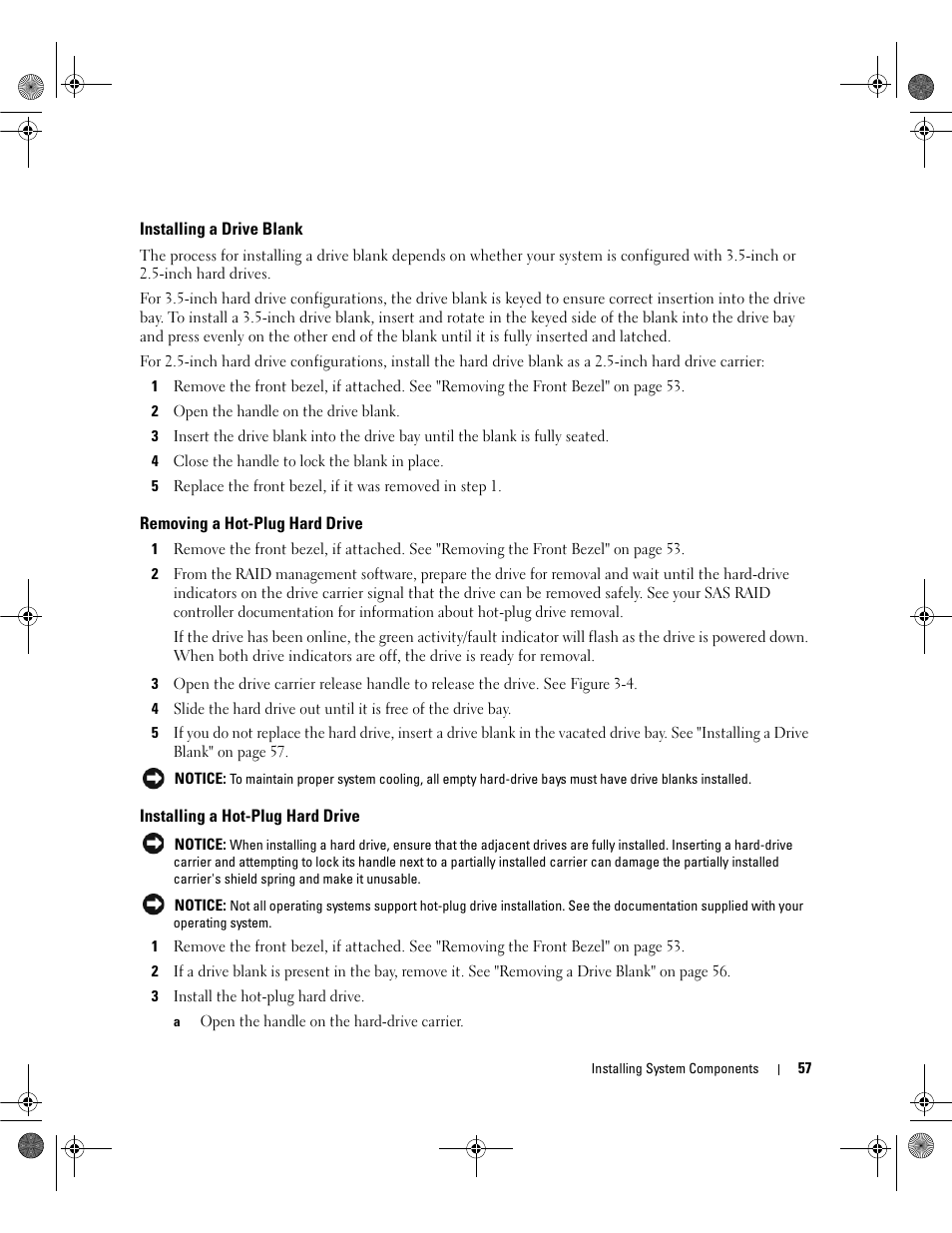 Installing a drive blank, Removing a hot-plug hard drive, Installing a hot-plug hard drive | Dell POWEREDGE 2950 User Manual | Page 57 / 182