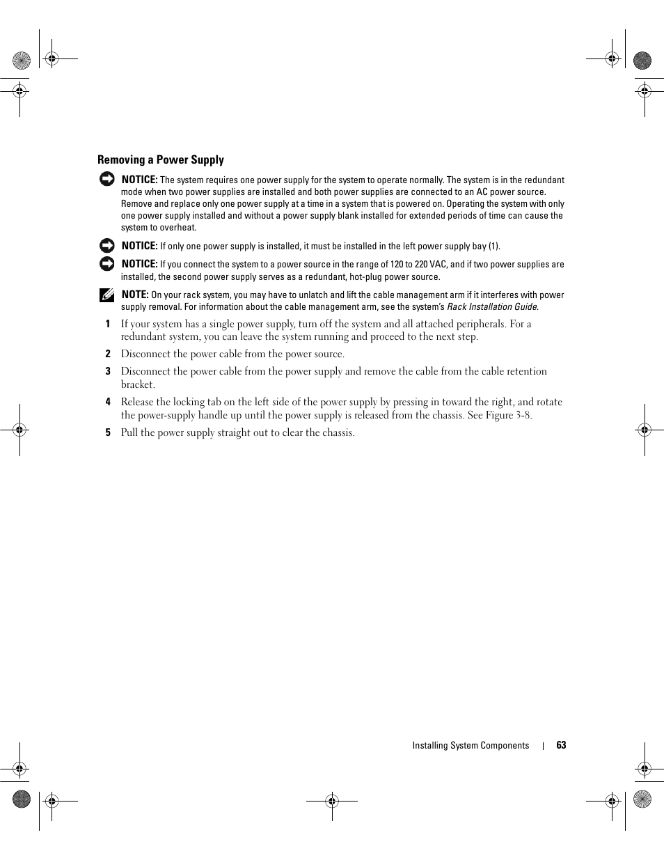 Removing a power supply | Dell POWEREDGE 2950 User Manual | Page 63 / 182