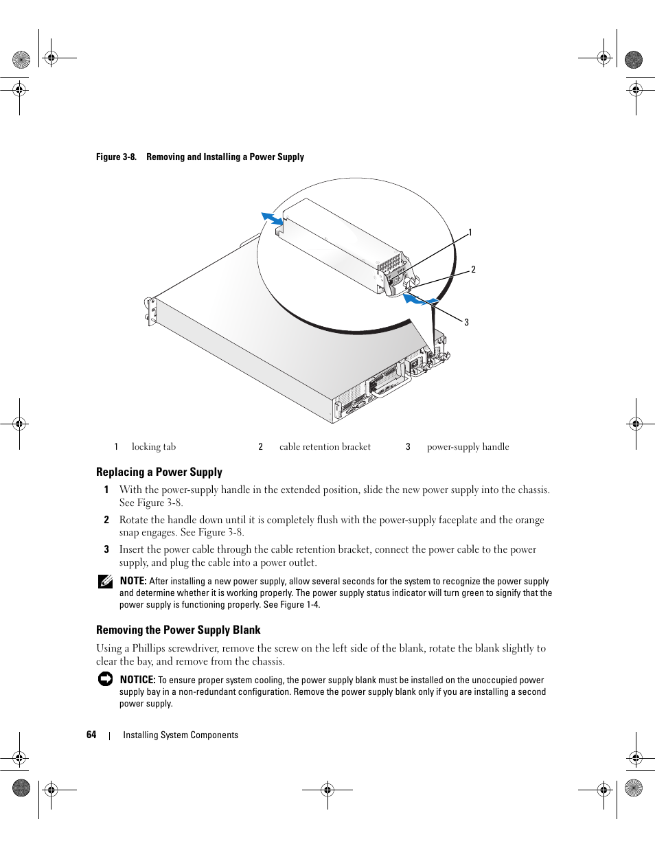 Replacing a power supply, Removing the power supply blank | Dell POWEREDGE 2950 User Manual | Page 64 / 182