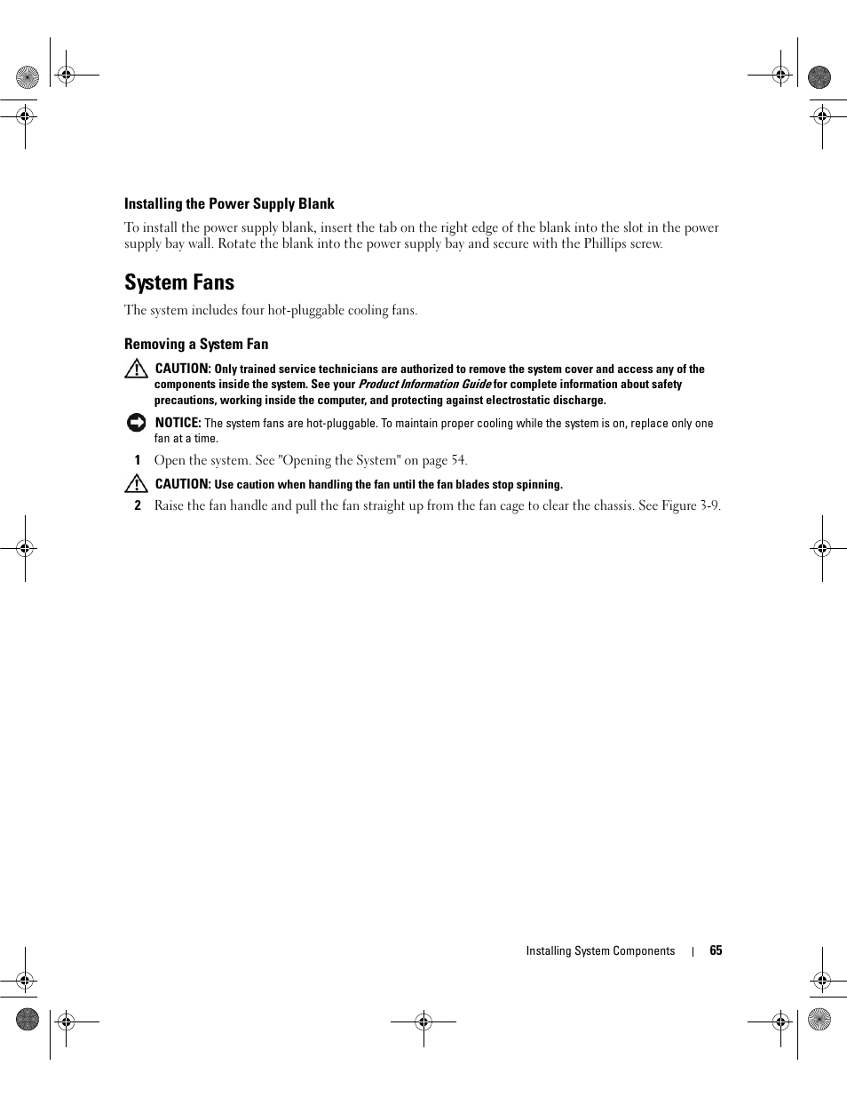 Installing the power supply blank, System fans, Removing a system fan | Dell POWEREDGE 2950 User Manual | Page 65 / 182