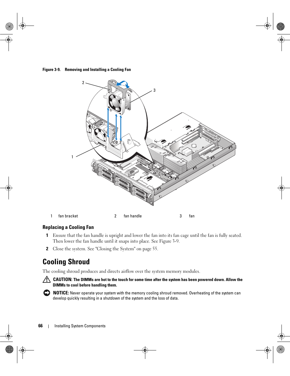 Replacing a cooling fan, Cooling shroud | Dell POWEREDGE 2950 User Manual | Page 66 / 182