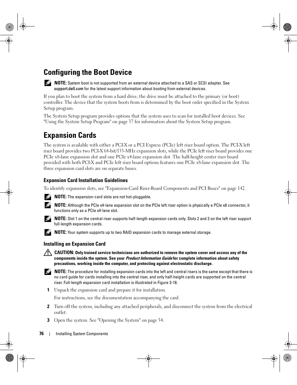 Configuring the boot device, Expansion cards, Expansion card installation guidelines | Installing an expansion card | Dell POWEREDGE 2950 User Manual | Page 76 / 182