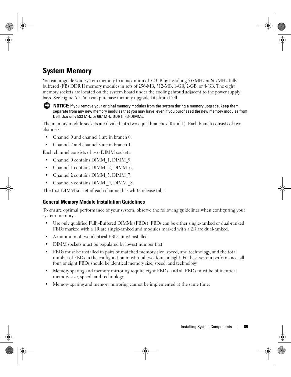 System memory, General memory module installation guidelines | Dell POWEREDGE 2950 User Manual | Page 89 / 182