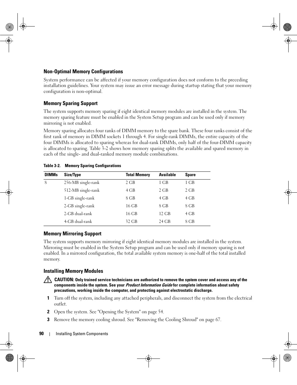 Non-optimal memory configurations, Memory sparing support, Memory mirroring support | Installing memory modules | Dell POWEREDGE 2950 User Manual | Page 90 / 182