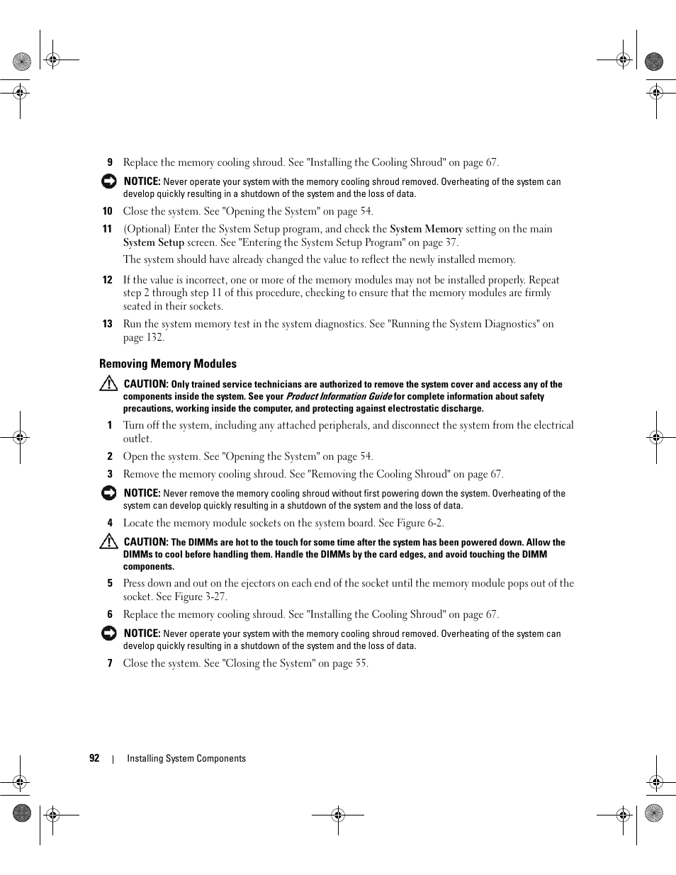 Removing memory modules | Dell POWEREDGE 2950 User Manual | Page 92 / 182