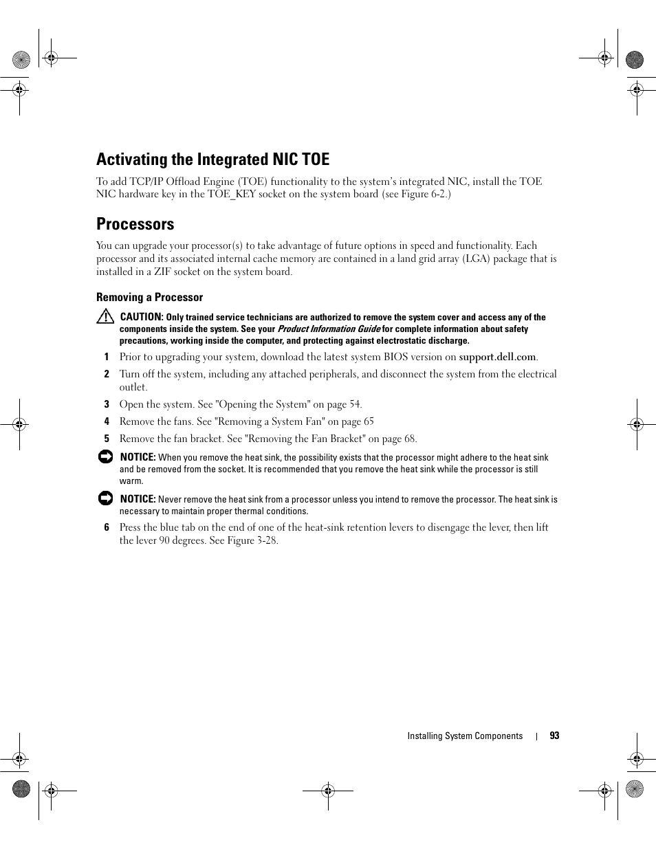 Activating the integrated nic toe, Processors, Removing a processor | Dell POWEREDGE 2950 User Manual | Page 93 / 182