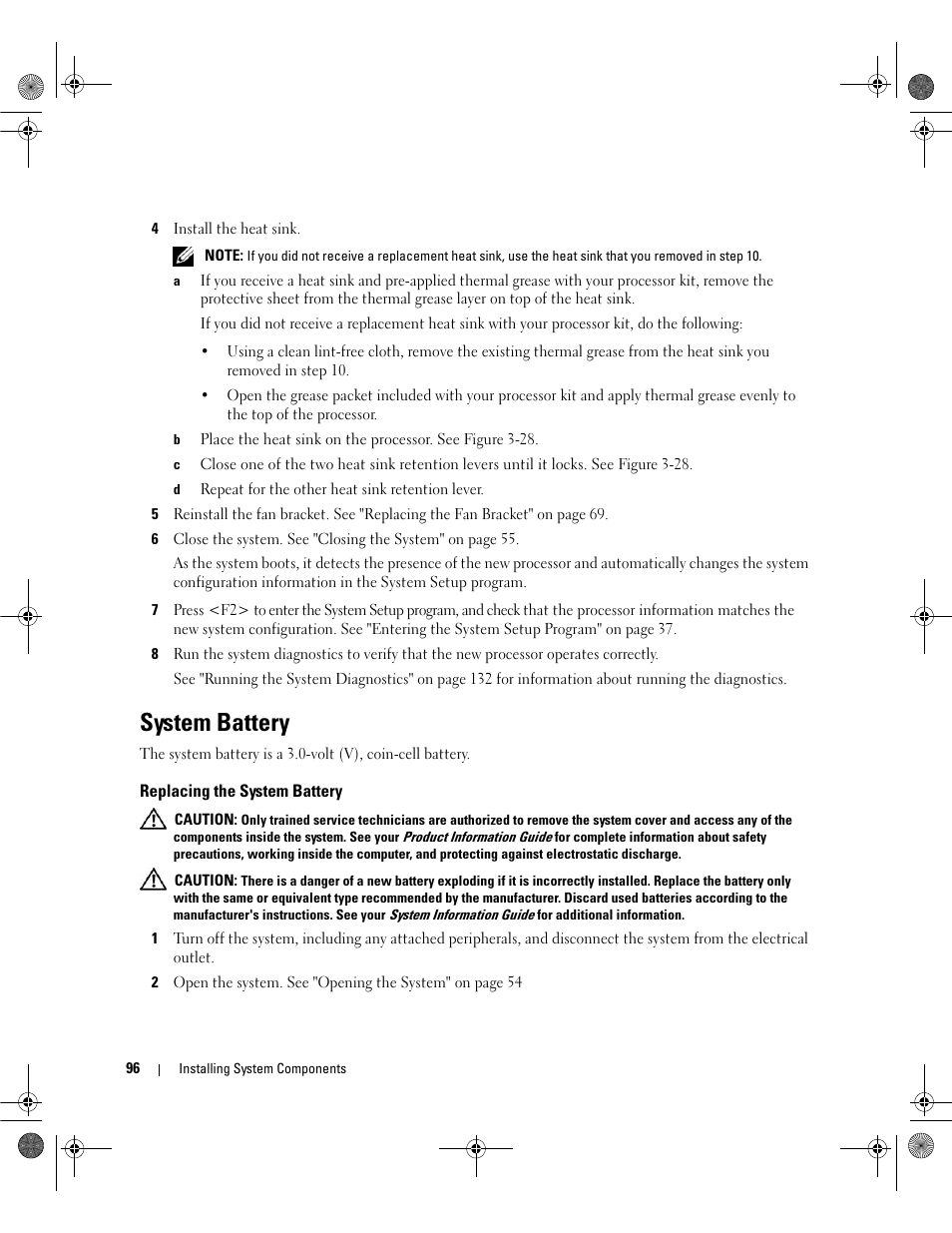 System battery, Replacing the system battery | Dell POWEREDGE 2950 User Manual | Page 96 / 182
