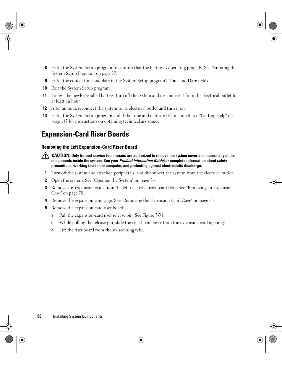 Expansion-card riser boards, Removing the left expansion-card riser board | Dell POWEREDGE 2950 User Manual | Page 98 / 182
