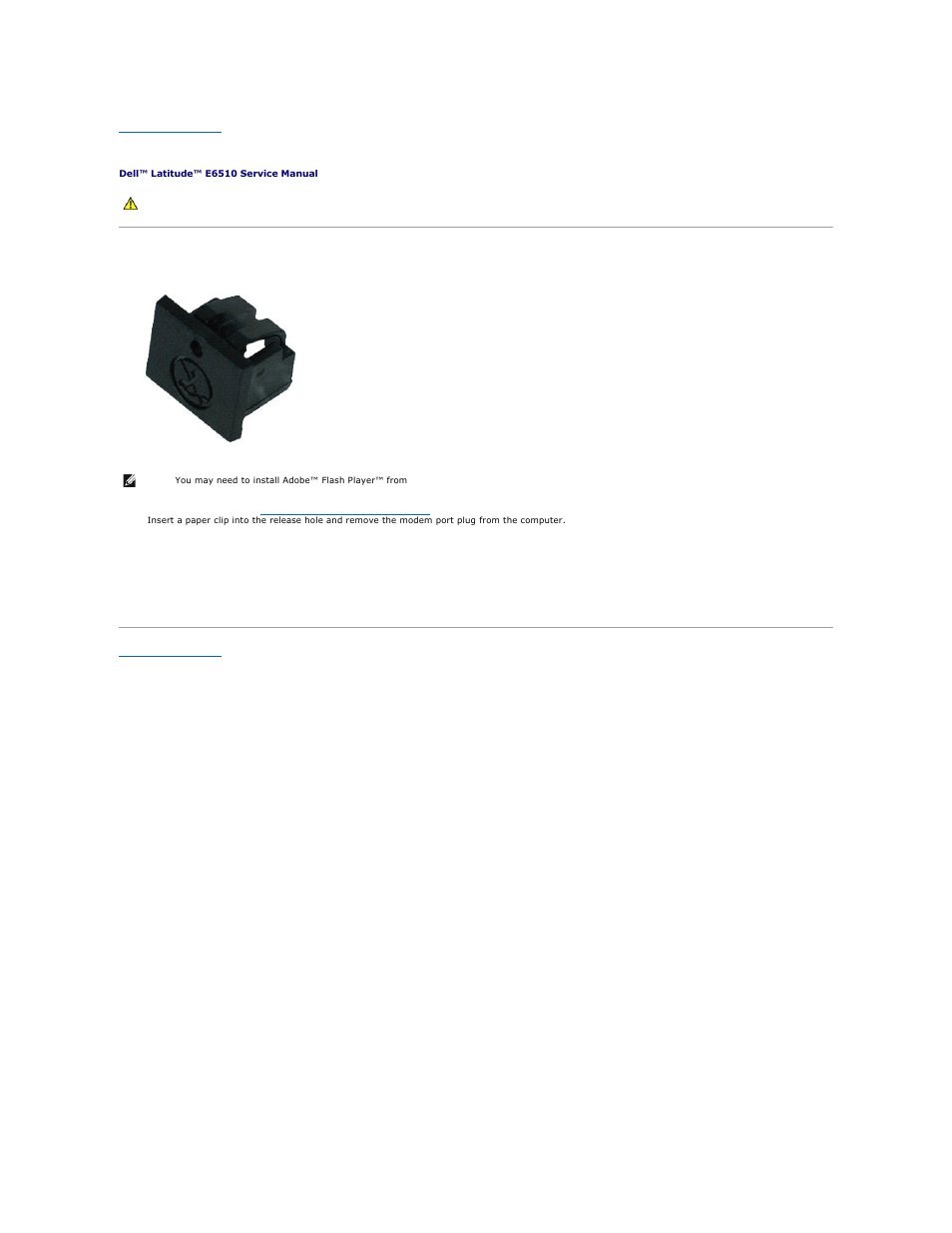 Modem port plug, Removing the modem port plug, Replacing the modem port plug | Dell Latitude E6510 User Manual | Page 32 / 54