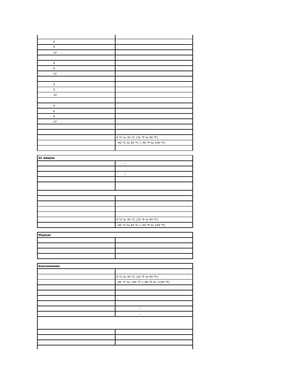 Ac adapter, Physical, Environmental | Dell Latitude E6510 User Manual | Page 48 / 54