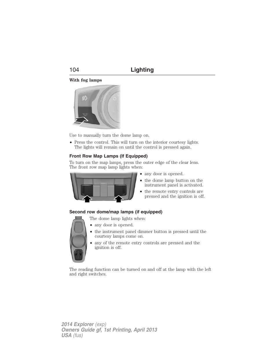 Front row map lamps (if equipped), Second row dome/map lamps (if equipped), 104 lighting | FORD explorer User Manual | Page 105 / 586