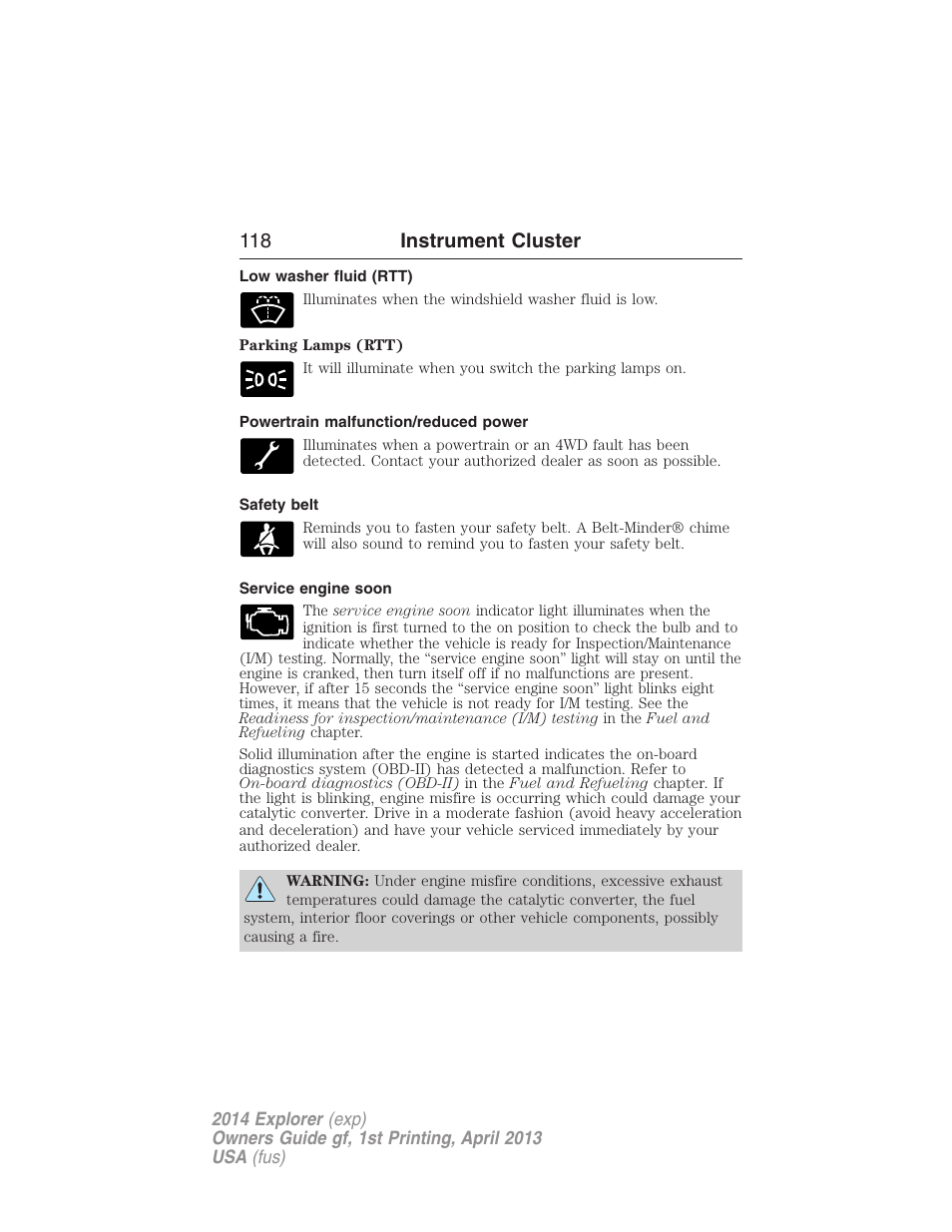 Low washer fluid (rtt), Powertrain malfunction/reduced power, Safety belt | Service engine soon, 118 instrument cluster | FORD explorer User Manual | Page 119 / 586