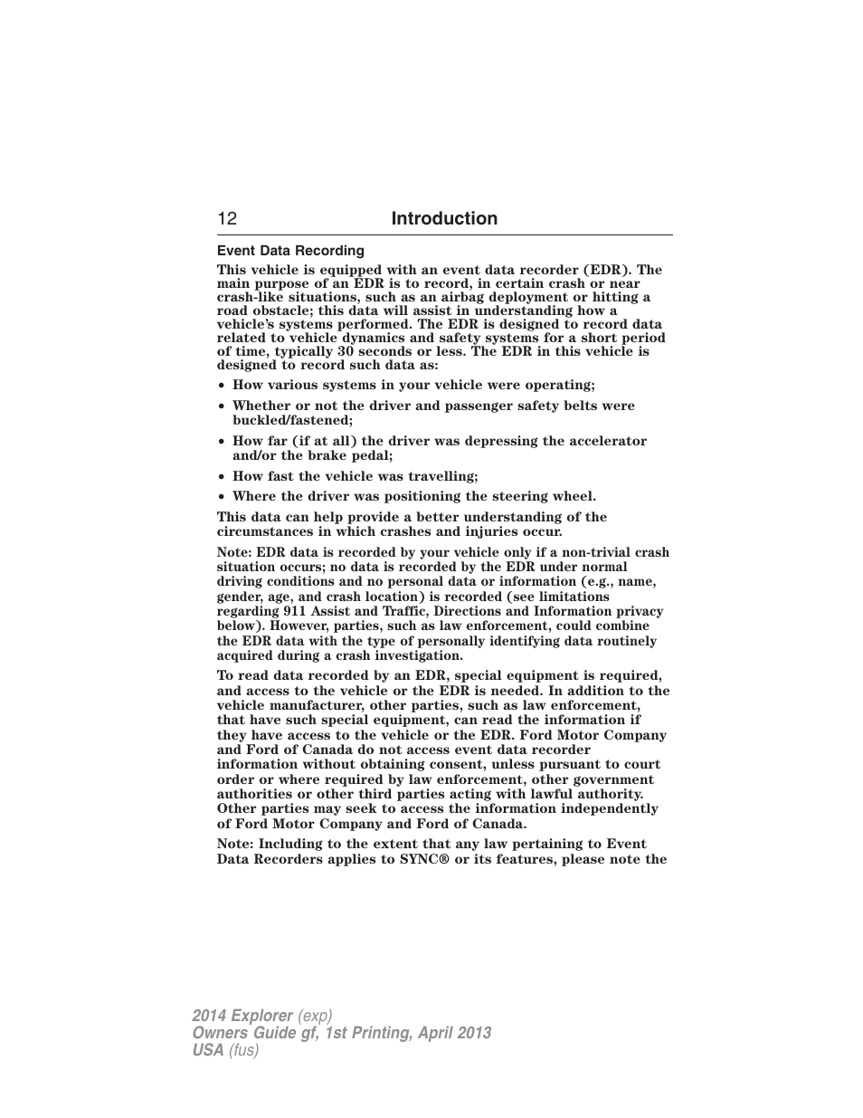 Event data recording, 12 introduction | FORD explorer User Manual | Page 13 / 586