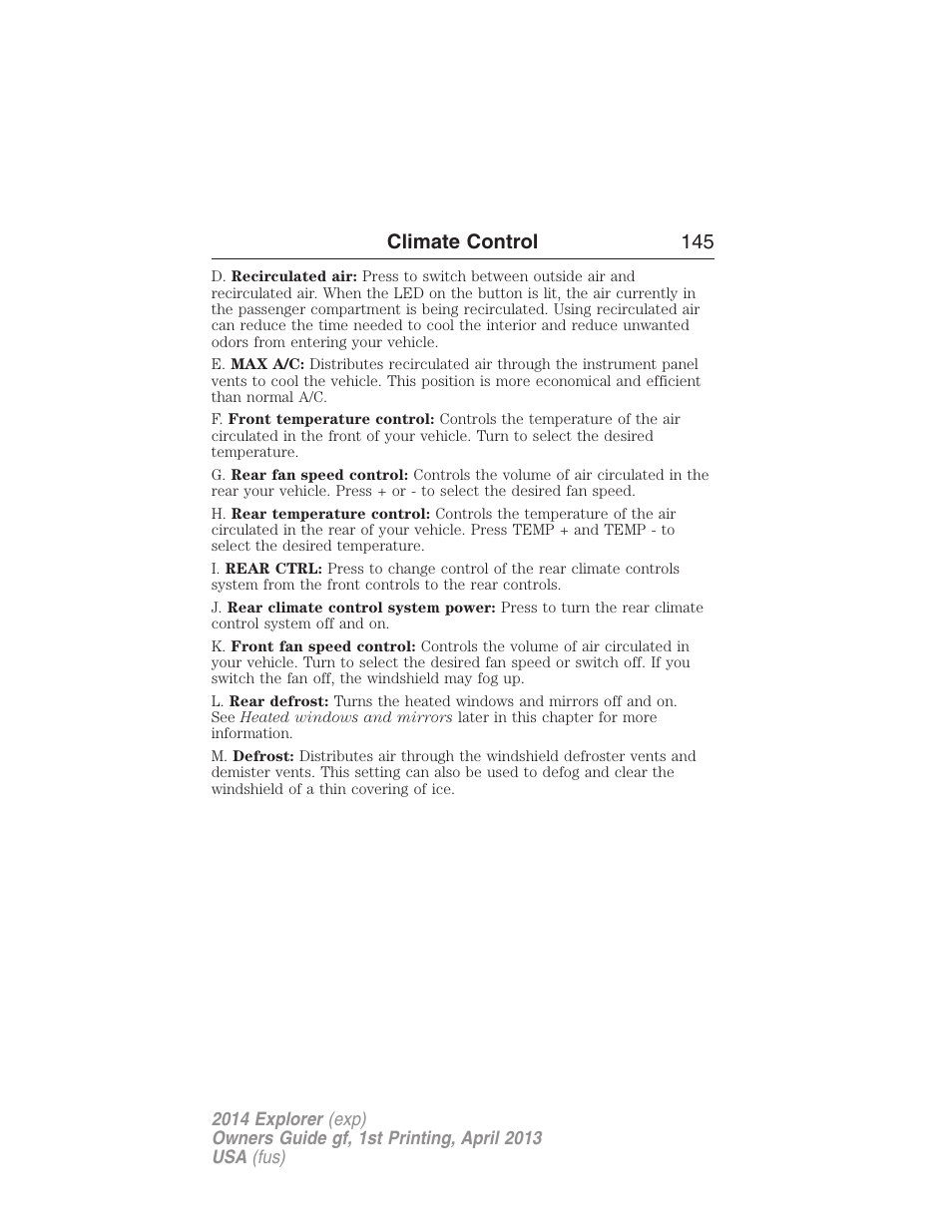 Climate control 145 | FORD explorer User Manual | Page 146 / 586