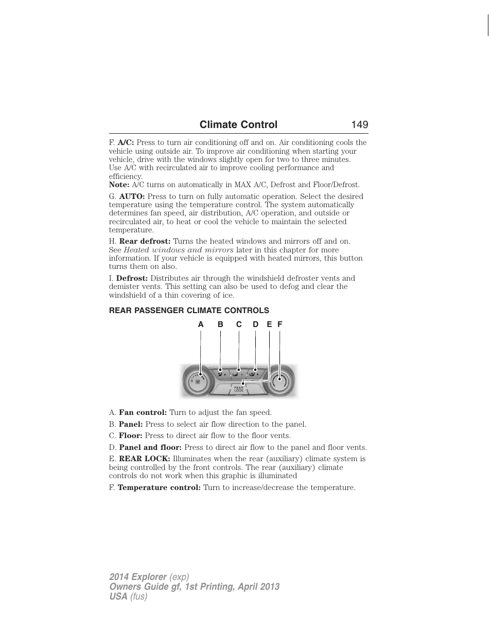 Rear passenger climate controls, Climate control 149 | FORD explorer User Manual | Page 150 / 586