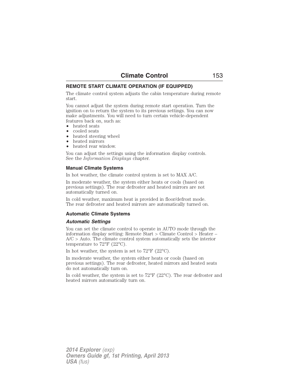 Remote start climate operation (if equipped), Manual climate systems, Automatic climate systems | Automatic settings, Climate control 153 | FORD explorer User Manual | Page 154 / 586