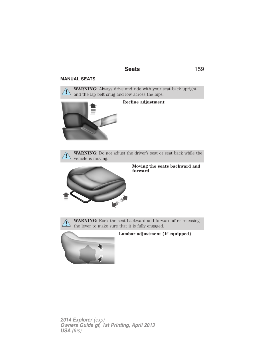 Manual seats, Seats 159 | FORD explorer User Manual | Page 160 / 586