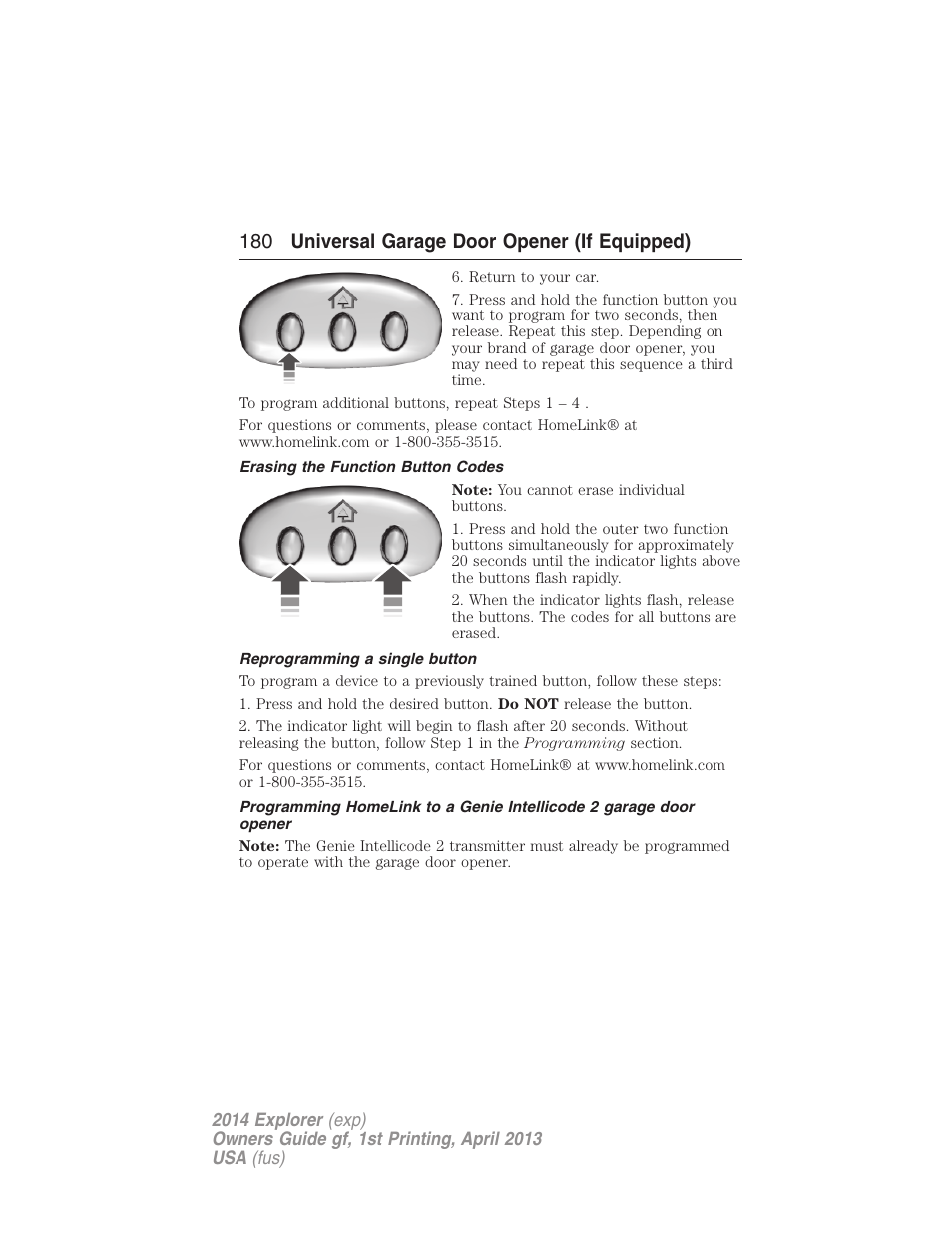 Erasing the function button codes, Reprogramming a single button, 180 universal garage door opener (if equipped) | FORD explorer User Manual | Page 181 / 586