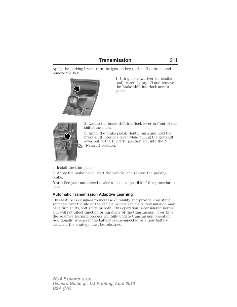 Automatic transmission adaptive learning, Transmission 211 | FORD explorer User Manual | Page 212 / 586