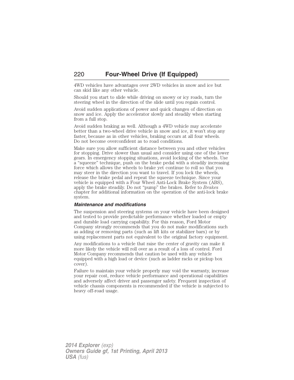 Maintenance and modifications, 220 four-wheel drive (if equipped) | FORD explorer User Manual | Page 221 / 586