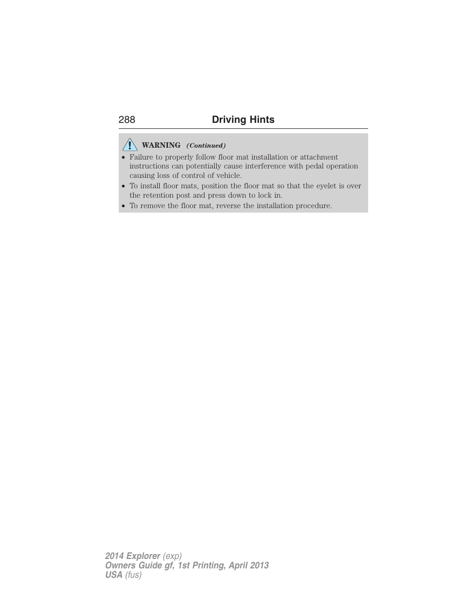 288 driving hints | FORD explorer User Manual | Page 289 / 586