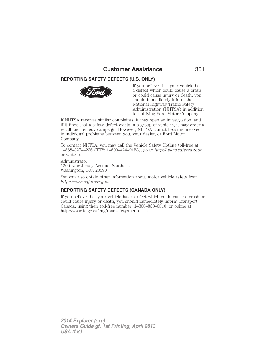 Reporting safety defects (u.s. only), Reporting safety defects (canada only), Customer assistance 301 | FORD explorer User Manual | Page 302 / 586