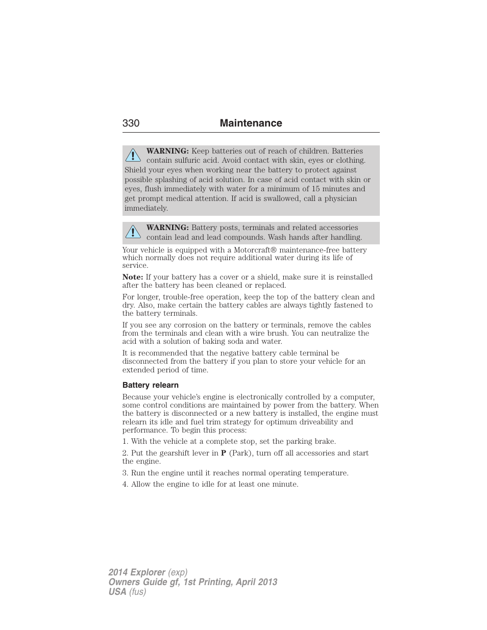 Battery relearn, 330 maintenance | FORD explorer User Manual | Page 331 / 586