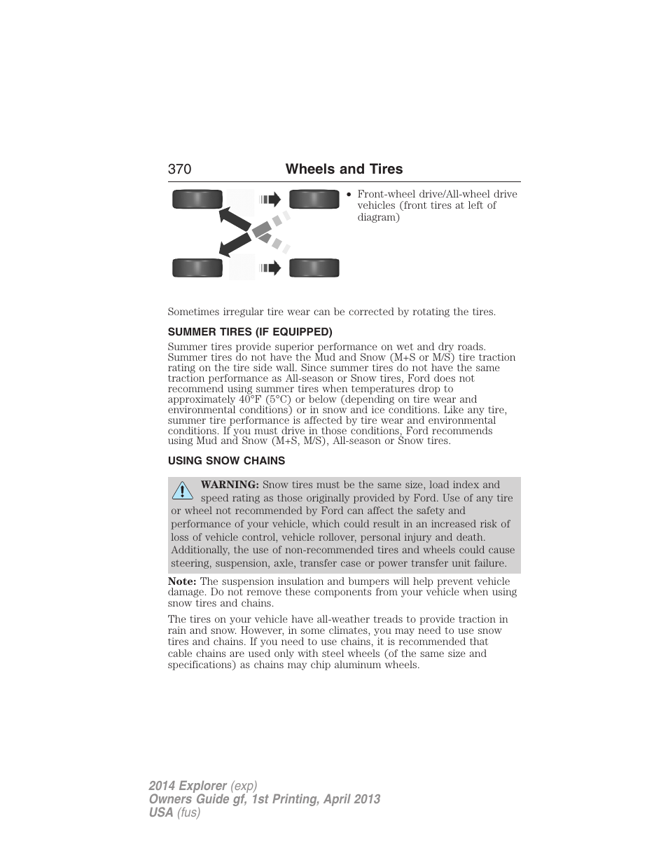 Summer tires (if equipped), Using snow chains, 370 wheels and tires | FORD explorer User Manual | Page 371 / 586