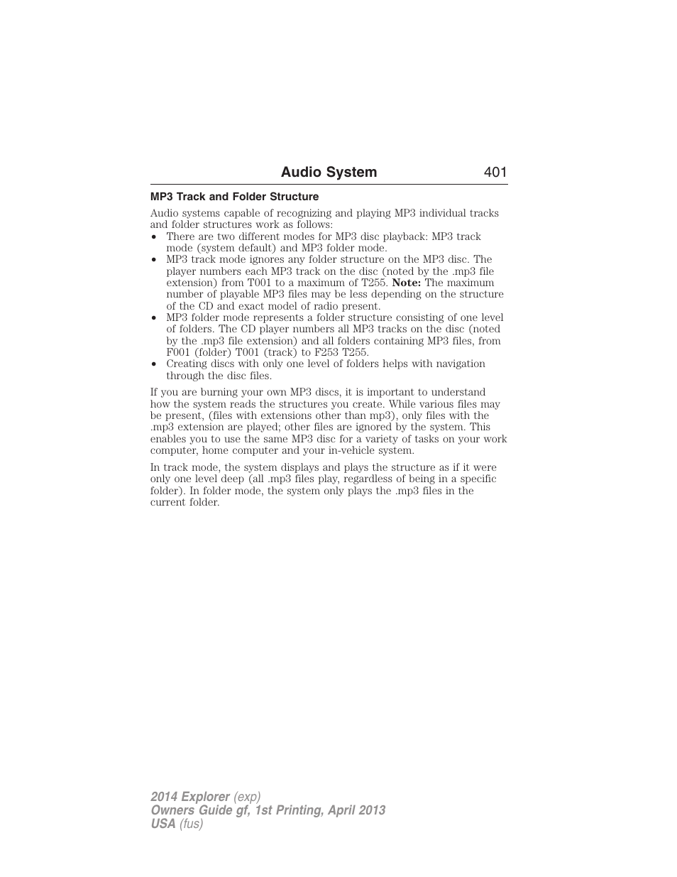 Mp3 track and folder structure, Audio system 401 | FORD explorer User Manual | Page 402 / 586