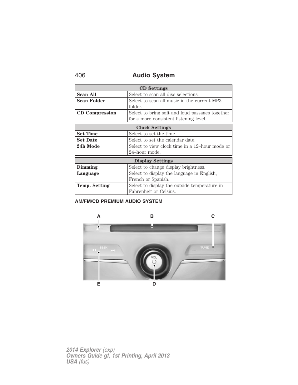 Am/fm/cd premium audio system, 406 audio system | FORD explorer User Manual | Page 407 / 586