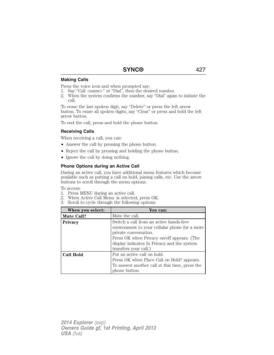 Making calls, Receiving calls, Phone options during an active call | Sync® 427 | FORD explorer User Manual | Page 428 / 586