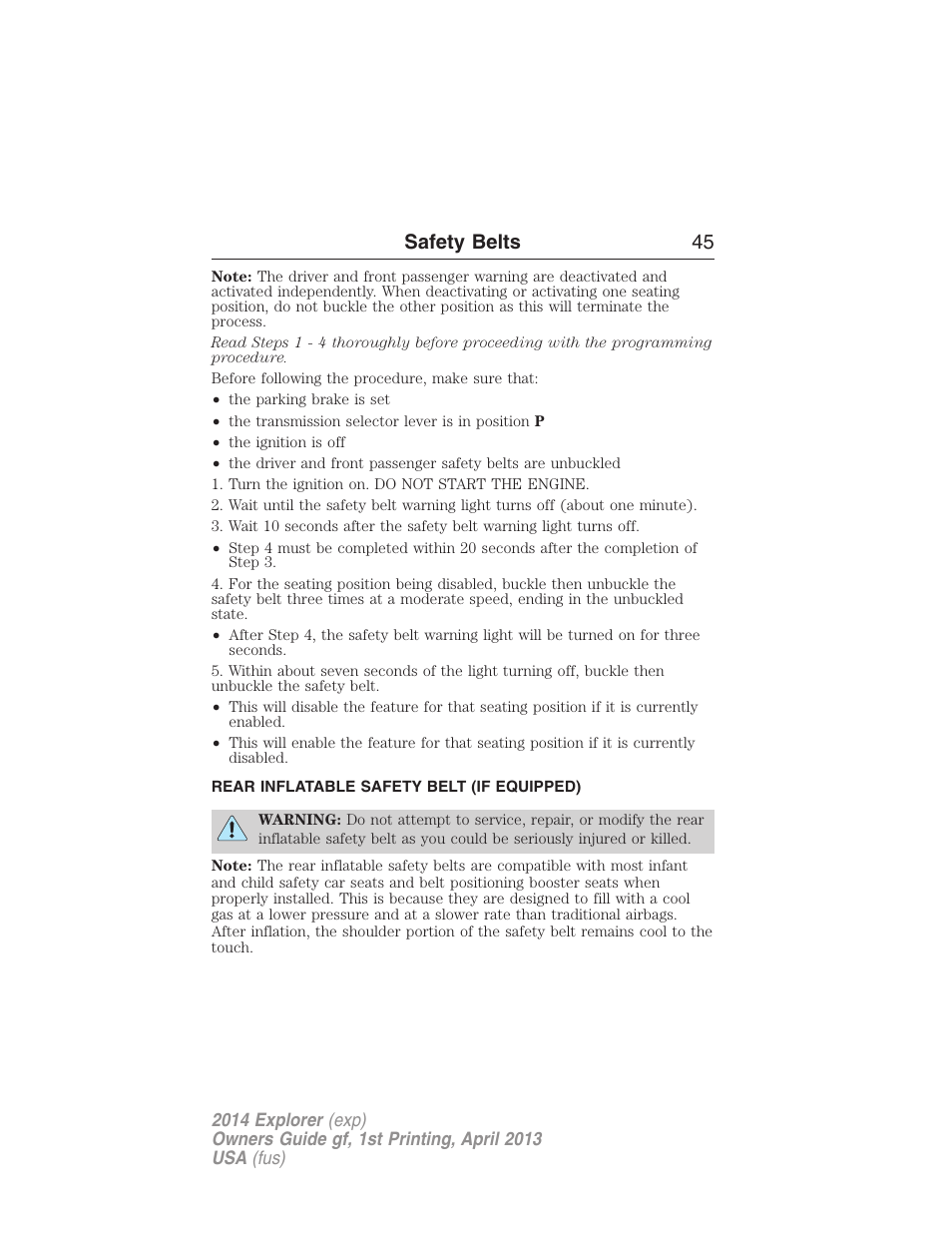 Rear inflatable safety belt (if equipped), Rear inflatable safety belt, Safety belts 45 | FORD explorer User Manual | Page 46 / 586