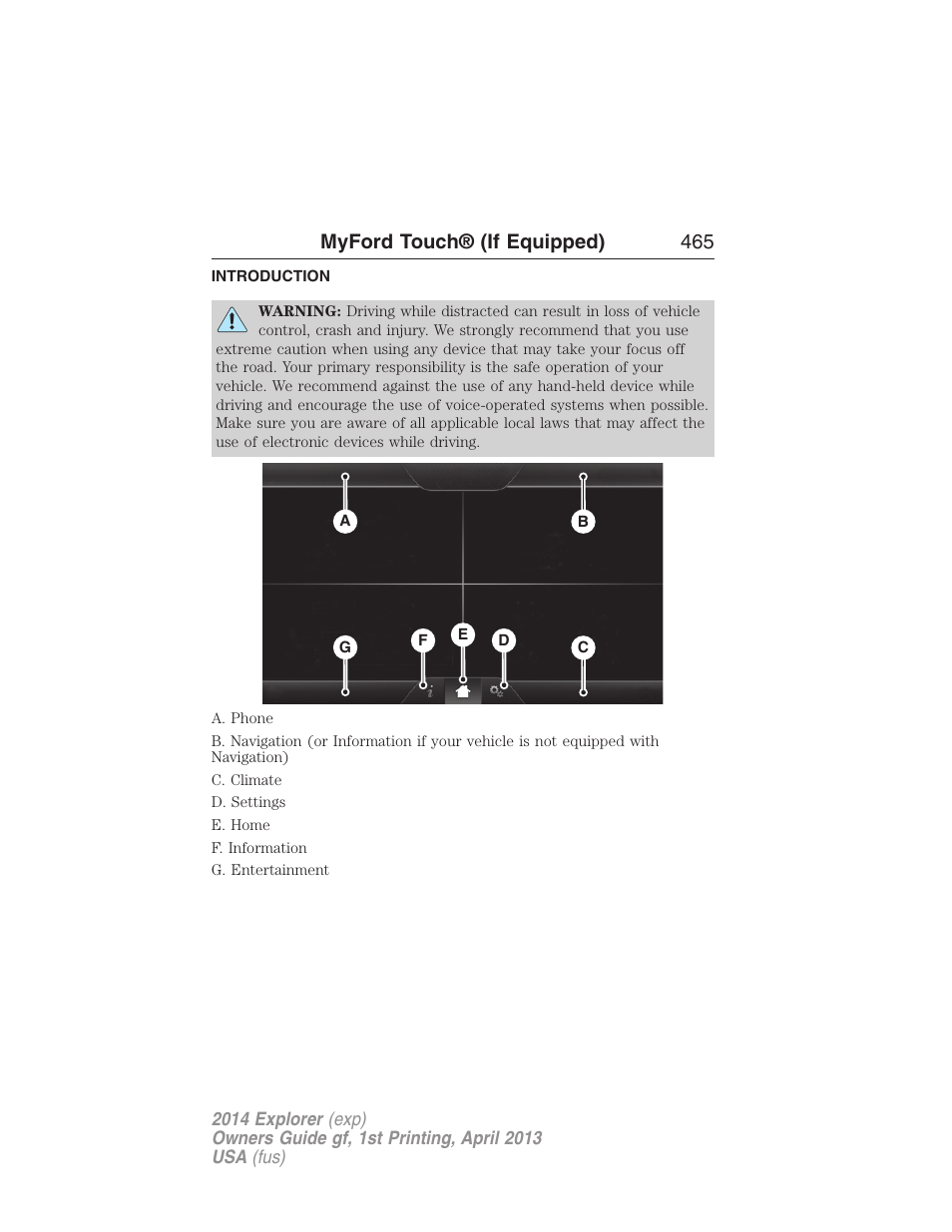 Myford touch® (if equipped), Introduction, Myford touch® (if equipped) 465 | FORD explorer User Manual | Page 466 / 586