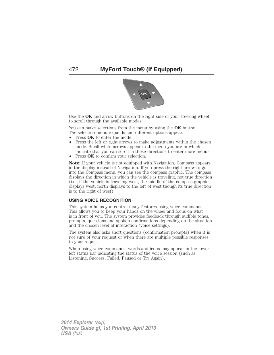 Using voice recognition, Voice recognition, 472 myford touch® (if equipped) | FORD explorer User Manual | Page 473 / 586