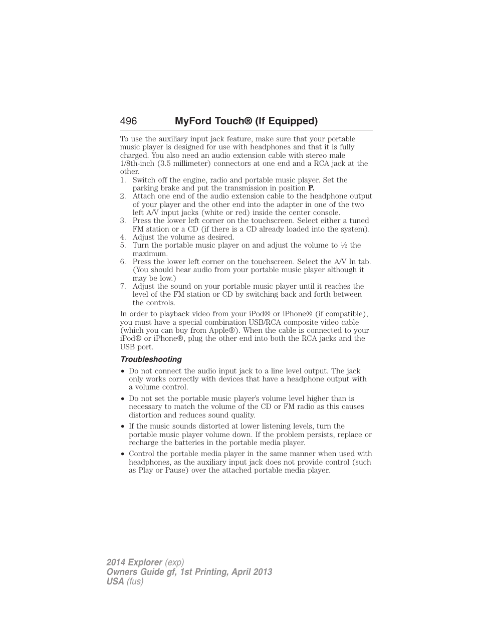 Troubleshooting, 496 myford touch® (if equipped) | FORD explorer User Manual | Page 497 / 586