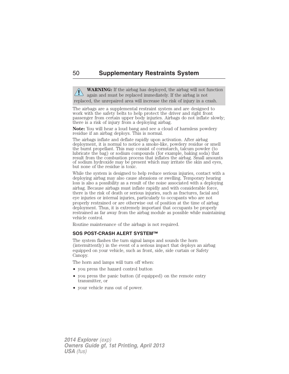 Sos post-crash alert system, 50 supplementary restraints system | FORD explorer User Manual | Page 51 / 586