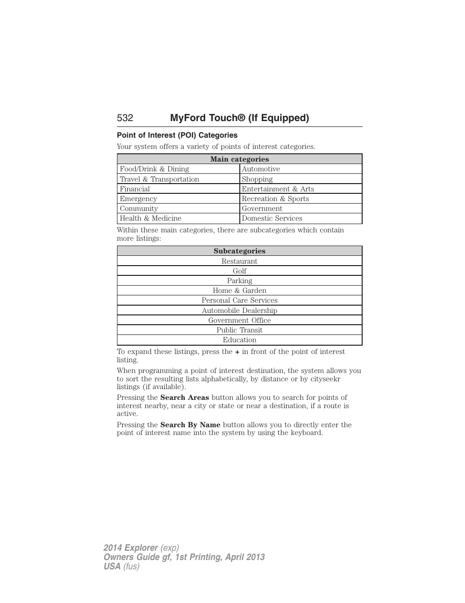 Point of interest (poi) categories, 532 myford touch® (if equipped) | FORD explorer User Manual | Page 533 / 586