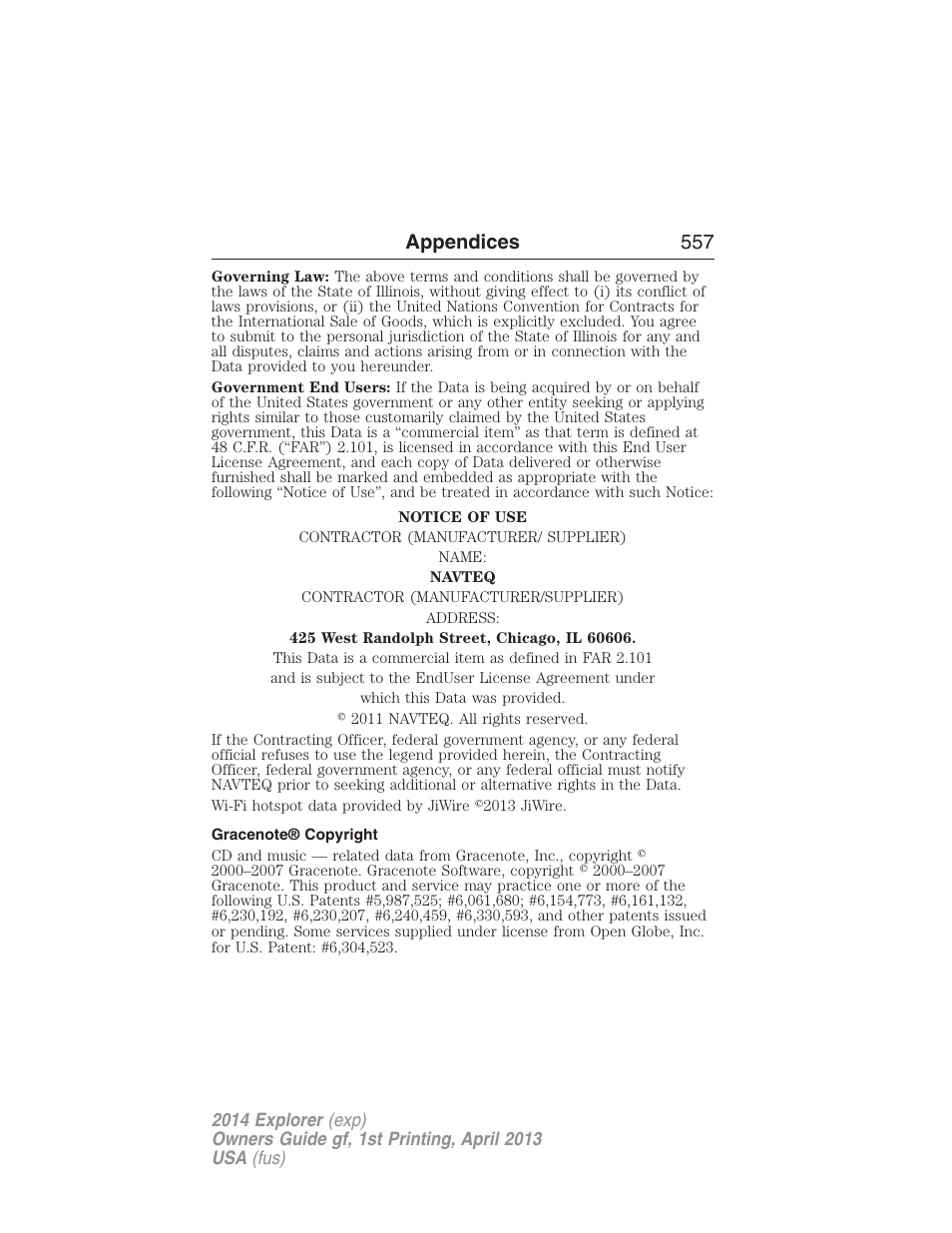 Gracenote® copyright, Appendices 557 | FORD explorer User Manual | Page 558 / 586