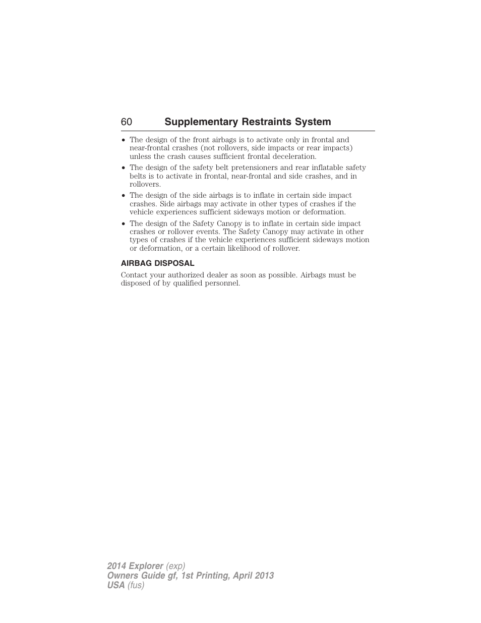 Airbag disposal, 60 supplementary restraints system | FORD explorer User Manual | Page 61 / 586