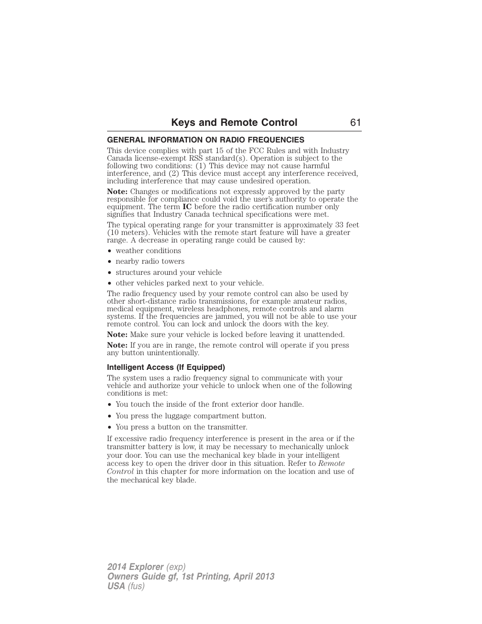 Keys and remote control, General information on radio frequencies, Intelligent access (if equipped) | Keys and remote control 61 | FORD explorer User Manual | Page 62 / 586