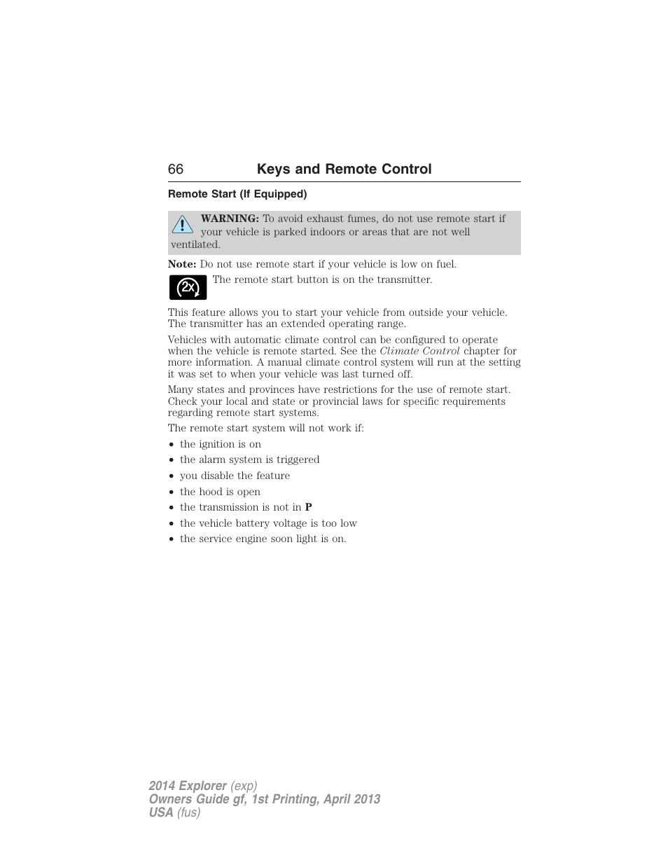 Remote start (if equipped), 66 keys and remote control | FORD explorer User Manual | Page 67 / 586